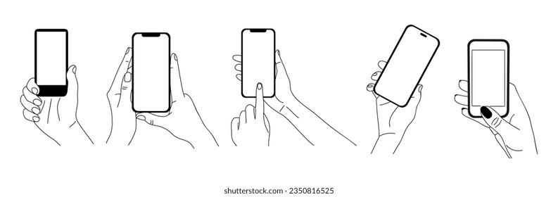 Set of Hands holding mobile phones hand drawn line art illustrations. Fingers touching smartphone screen, using application. Empty screen, phone mockup. Black icons isolated on white background