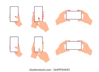 Conjunto de manos con teléfono móvil moderno con pantalla blanca vacía, ilustración vectorial aislada en fondo blanco. Teléfonos inteligentes en la colección de manos de hombres y mujeres.