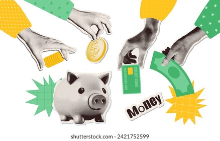 Set of hands holding money elements for y2k collages. Halftone Retro piggy bank, coins, plastic card isolated on white background. Vector illustration.