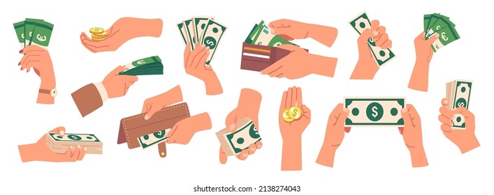 Set of Hands Holding Money, Human Palms Collection With Cash, Gold Coins, Wallet Full of Banknotes, Paper Dollar or Euro Bill, Income, Payment Isolated on White Background. Cartoon Vector Illustration