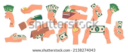 Set of Hands Holding Money, Human Palms Collection With Cash, Gold Coins, Wallet Full of Banknotes, Paper Dollar or Euro Bill, Income, Payment Isolated on White Background. Cartoon Vector Illustration