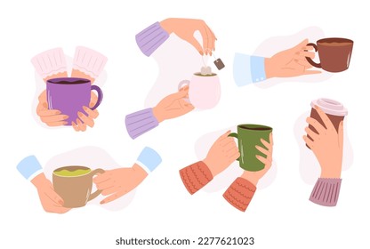 Set of Hands Holding Mugs Of Different Sizes, Shapes, And Colors. Isolated Icons for Promoting Cozy Coffee Shops, Cafes, Or Tea Brand. Warm Ambiance In Marketing Materials. Cartoon Vector Illustration