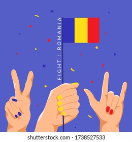 Set of Hands Holding Up National Flag : Romania : Vector Illustration