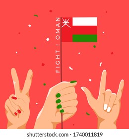Set of Hands Holding Up National Flag : Oman : Vector Illustration