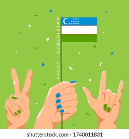 Set of Hands Holding Up National Flag : Uzbekistan : Vector Illustration