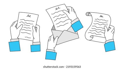 Set of Hands Holding Paper Hand Drawn Character Illustration
