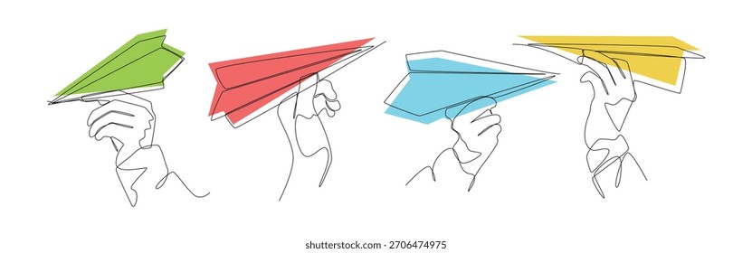 Set of hands holding paper planes in continuous one line drawing style. Editable vector illustration.