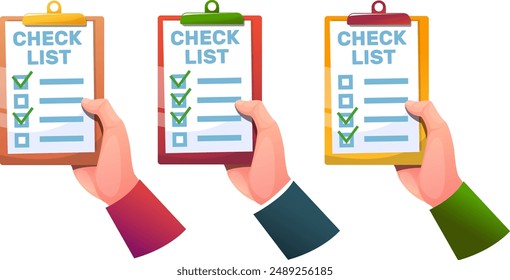 set of hands holding paper plates with check lists. Stock vector illustration