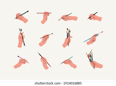 Set of hands holding pencil and brush. Drawing, handwriting, painting, art process with  Different positions of painter's hands, fist, wrist, palm.