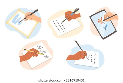 Set of hands holding pens and brushes flat style, vector illustration isolated on white background. Painting, writing and calligraphy, paper and tablet, decorative design elements collection