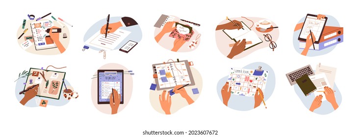 Set of hands holding pens and pencils, writing letter on paper, taking notes in notebook, filling diary and planners, signing business documents. Flat vector illustration isolated on white background
