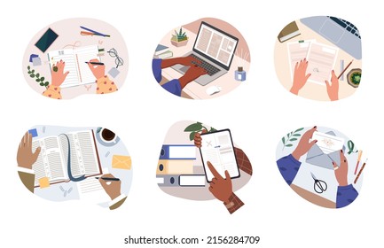 Set of hands holding pens or pencils, typing on laptop, writing letter, making notes in notebook, filling out diary and planners, signing business documents. Flat vector illustration isolated on white