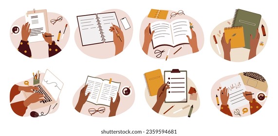 Set of hands holding pens and pencils, writing a letter on paper, making notes in a notebook, writing a wish list, filling in a diary and planners, working on a laptop. Vector flat illustration