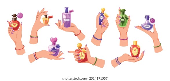 Set of Hands Holding Perfume Bottles In Vibrant Colors And Unique Designs. Cartoon Vector Image Evokes Sense Of Elegance