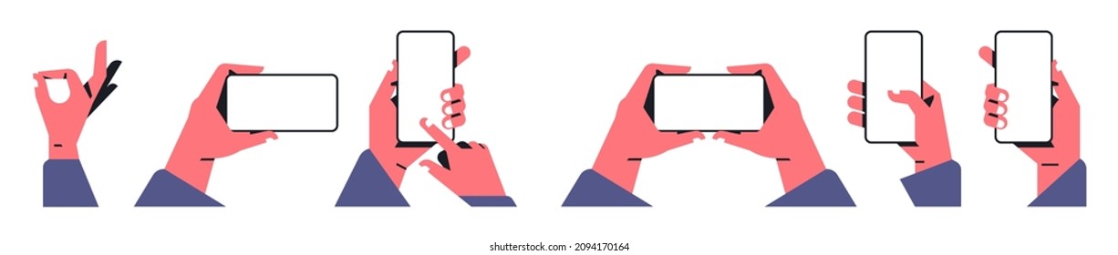 Un conjunto de manos sosteniendo un teléfono. Pantalla vacía, paro de teléfono, aplicación en dispositivo de pantalla táctil, símbolo de mano ok, dispositivo, digital, aplicación. Ilustración vectorial aislada en fondo blanco.