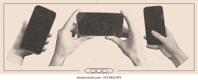 Set of hands holding phone with empty display. Photocopy effect. Vector elements in pop art style