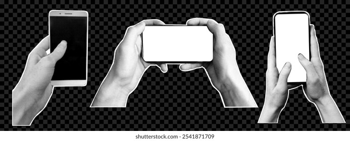 Set of hands holding phone with empty display on transparent background. Retro halftone effect