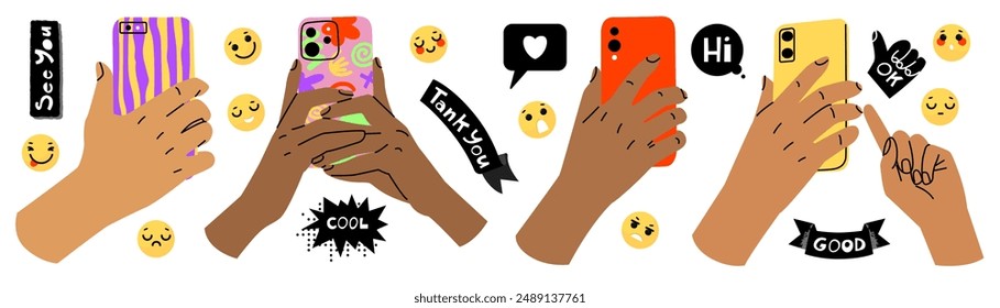 A set of hands holding a phone or filming something with a camera. Using a smartphone, scrolling social networks. Phrases for chat and emotions for reactions. Vector illustration