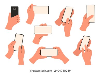 Set of hands holding phone isolated on white background.