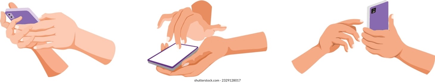 Set von Hands, die Telefon halten, spielen, Typing-Nachrichten, scrollen App oder Social Network auf Smartphone. Flache Vektorgrafik-Illustration