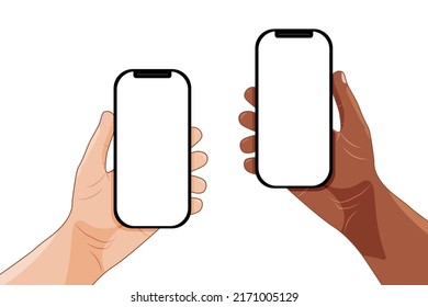 Set of hands holding phones isolated on white background. Vector illustration 