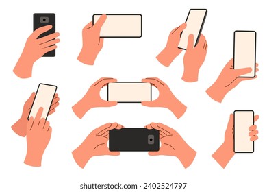 Set of hands holding phones isolated on white background.