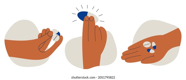 Set of hands holding pills tablet drugs capsules or vitamins by two fingers and in open palm. Pharmacy, drug store, medicine. Human character hand holding medical pills. Vector cartoon illustration