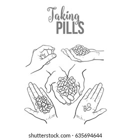 Set of hands holding pills, tablets, black and white sketch style vector illustration on white background. Hand drawn hands holding piles of pills, capsules, tablets in open palm, by two fingers