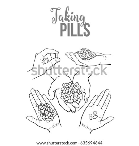 Set of hands holding pills, tablets, black and white sketch style vector illustration on white background. Hand drawn hands holding piles of pills, capsules, tablets in open palm, by two fingers