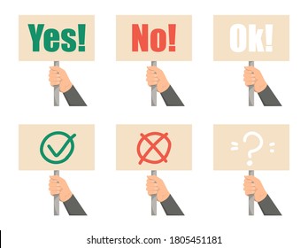 Set of hands holding placards vector isolated. Yes, no and ok signs. Demonstration and protest concept. Activist with banner.