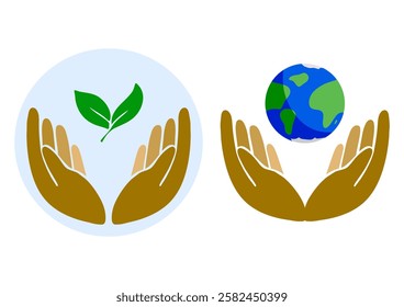 Set of hands holding the planet. Hands holding a leaf. Ecology, save the planet. Save the earth logo. Vector illustration