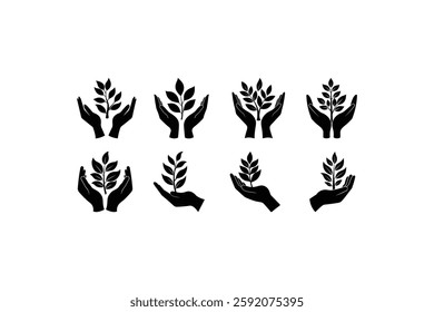 Set of Hands Holding a Plant Silhouette Vector Illustration

