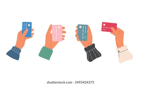 Set of hands holding plastic credit card. Different gestures. Wireless payment concept. Online pay
