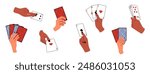Set of Hands holding playing cards . Gambling, betting, casino and poker concept.