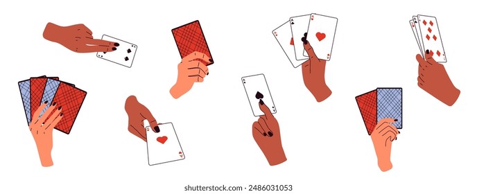 Set of Hands holding playing cards . Gambling, betting, casino and poker concept.