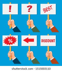 Set with hands holding a poster with various symbols. Vector flat cartoon illustration for news, infographics, banners design 
