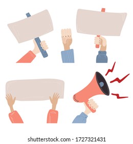 Set of hands holding posters, megaphone, fist. People against violence, pollution, descrimination, human rights violation.