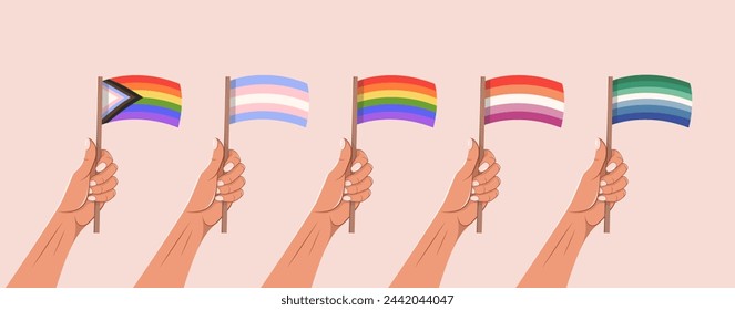 Set of hands holding pride LGBTQ flags. Vector illustration