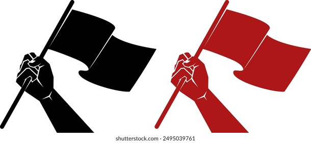 A set of hands holding a red and black flag, a symbol of protest and revolution. Stock vector illustration