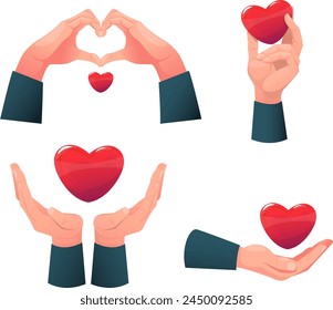conjunto de manos sosteniendo corazones rojos, una señal de amor, ayuda y Asistencia. Ilustración vectorial de acciones
