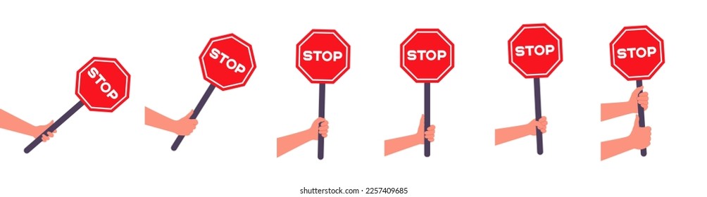 Set with hands holding red road stop sign cartoon flat vector illustration