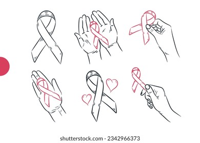 Set of hands holding ribbon breast cancer awareness line drawing. Hand drawn sketch doodle vintage vector illustration