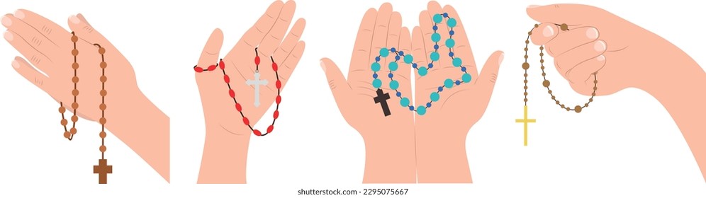 Set of hands holding rosaries in cartoon style. Vector illustration of hands holding various colored rosaries with crosses isolated on white background. Christian symbols.