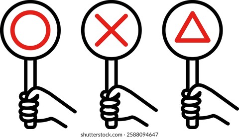 A set of hands holding simple circles and crosses