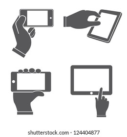 set of hands holding smart phone, pointing on smart phone tablet, electronic device