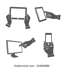 set of hands holding smart phone, pointing on smart phone tablet, electronic device