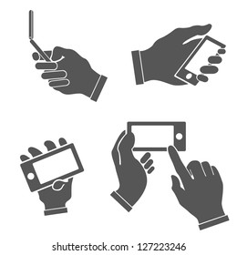 set of hands holding smart phone, pointing on smart phone tablet, electronic device