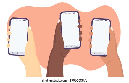 conjunto de manos que sostienen un smartphone con espacio en blanco en la pantalla de los medios sociales. concepto de ilustración plana, publicidad en medios sociales, diseño gráfico vectorial