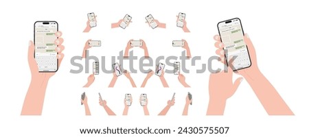 A set of hands holding a smartphone both horizontally and vertically on a social messenger. The smart phone is being operated using a finger to touch the messenger and keyboard. Vector.