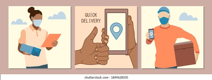 Set of hands holding a smartphone and delivery man holding delivery boxes, food, etc. Hand drawn illustration in modern, trendy colors, vector illustration.